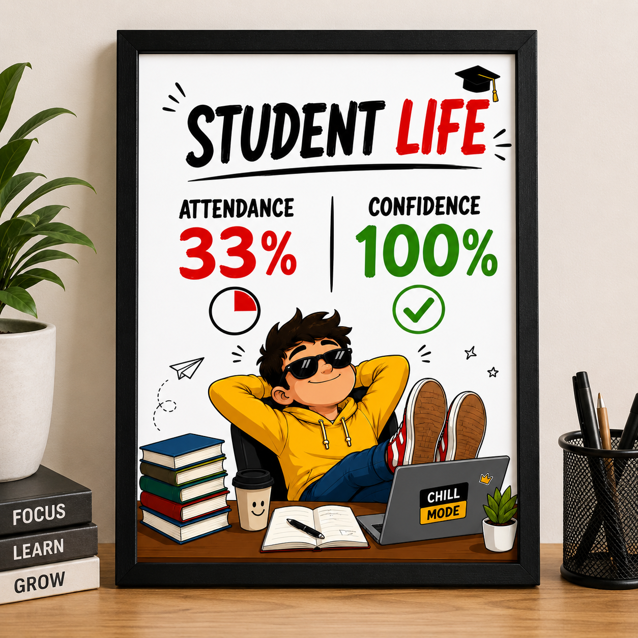 sdas Student Life Funny Wall A4 Frame – Attendance 33%, Confidence 100% - Image 1