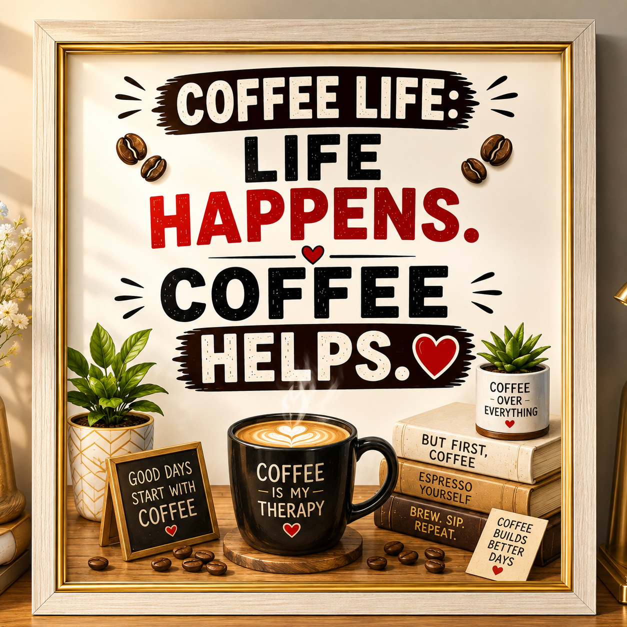 ChatGPT Image Aug 1, 2026, 05_53_22 PM Coffee Lover Wall Frame – Life Happens, Coffee Helps - Image 1