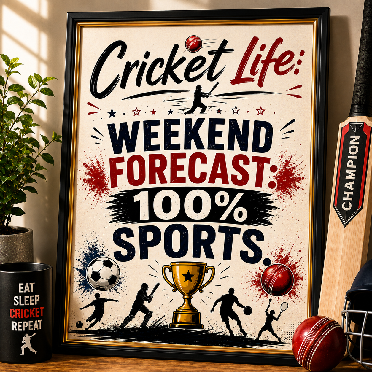 ChatGPT Image Aug 1, 2026, 08_48_46 PM Cricket Life Funny Wall A4 Frame – Weekend Forecast 100% Sports - Image 1