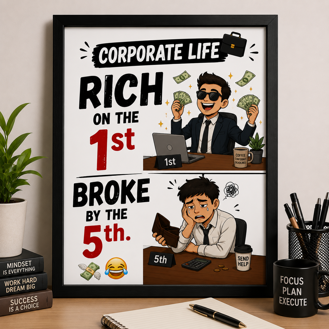 ChatGPT Image Jul 28, 2026, 03_49_08 PM Corporate Life Funny Wall A4 Frame – Rich on the 1st, Broke by the 5th - Image 1
