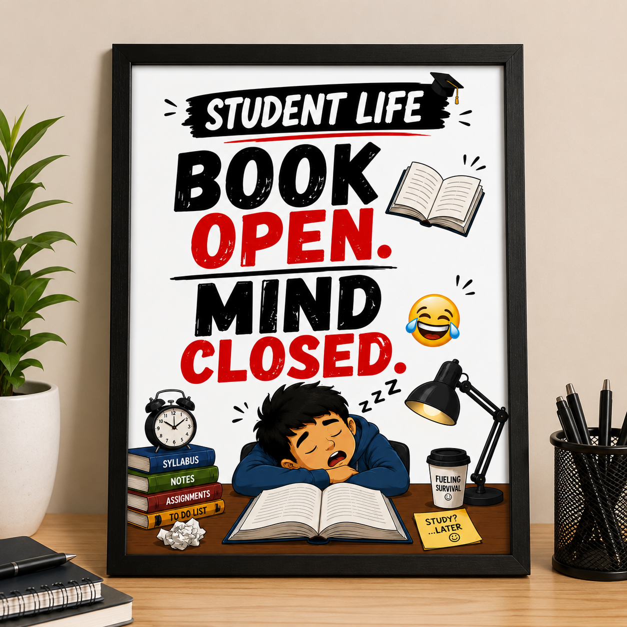 ChatGPT Image Jul 28, 2026, 11_44_43 AM Student Life Funny Wall A4 Frame – Book Open, Mind Closed - Image 1